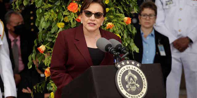 Honduras' President Xiomara Castro addresses the crowd at a military ceremony after mobilizing thousands of police officers to areas controlled by criminal groups, in Tegucigalpa, Honduras, on Dec. 9, 2022. Xiomara announced that the country is lifting the ban on the "morning after pill" on Wednesday.