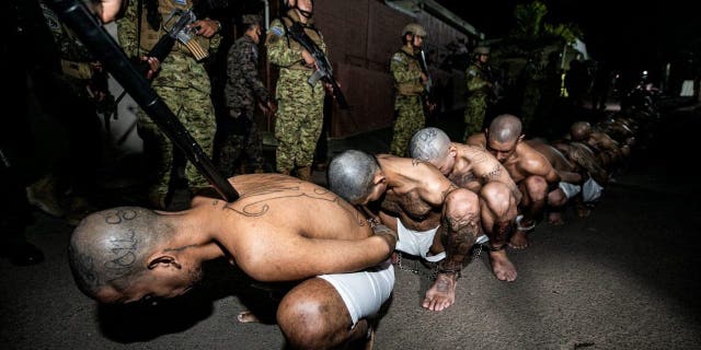 Gang members wait to be taken to their cell after 2000 gang members were transferred to the Terrorism Confinement Center, according to El Salvador's President Nayib Bukele, in Tecoluca, El Salvador, in this handout distributed to Reuters on March 15, 2023.