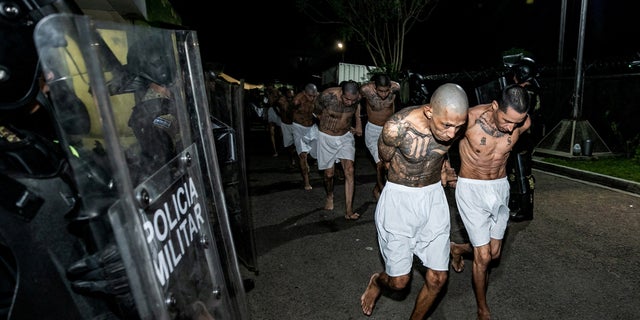 Gang members wait to be taken to their cells after 2,000 were transferred to the Terrorism Confinement Center, according to El Salvador's President Nayib Bukele, in Tecoluca, El Salvador, in this handout distributed to Reuters on March 15, 2023. 