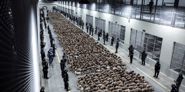 Gang members wait to be taken to their cell in Tecoluca, El Salvador, in this handout photo distributed to Reuters on March 15, 2023.