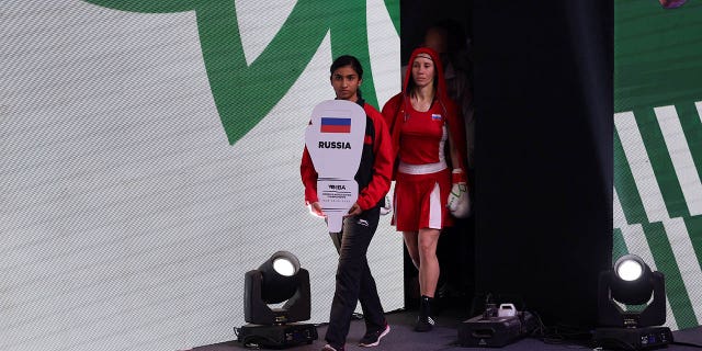 Russian boxer Anna Aedma arrives for her match against Monique Suraci of Australia in the Round of 32 of the elite women 50-52kg fly weight category at the Women's World Boxing Championships at Indira Gandhi Indoor stadium in New Delhi, India, March 16, 2023.