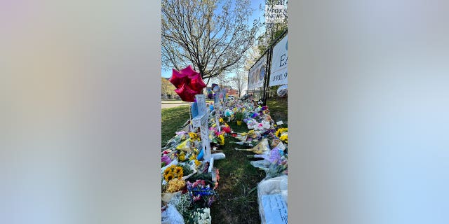 Memorials to the six victims who died in a mass shooting are placed outside The Covenant School in Nashville, Tennessee, on Thursday, March 30, 2023. On Monday, three adults and three children were killed inside the school.
