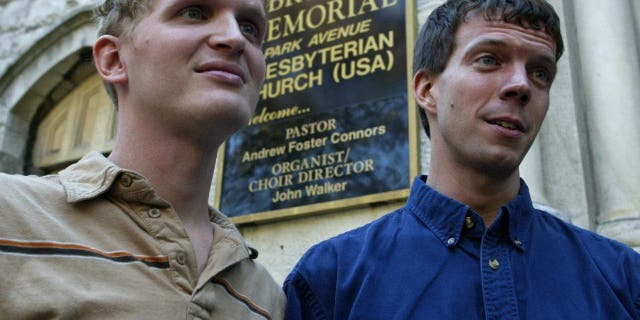 Plaintiffs Dave Kolesar (left) and Patrick Wojahn (right) speaking after the American Civil Liberties Union of Maryland and Equality Maryland press conference to challenge the Maryland Court of Appeals decision to uphold a state law banning marriage protection for same-sex couples in Baltimore in 2007.