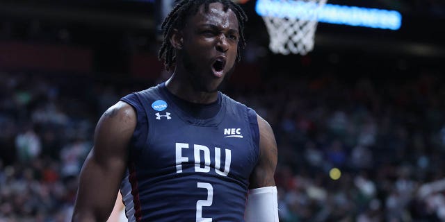 Demeter Roberts of the Fairleigh Dickinson Knights reacts while making a play against the Purdue Boilermakers during the first round of the 2022 NCAA Tournament at Nationwide Arena on March 17, 2023 in Columbus, Ohio. 