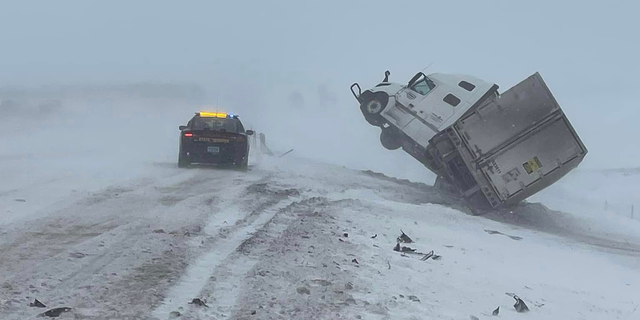 Interstate 90 in South Dakota was covered in ice and snow following a winter storm in the state. 