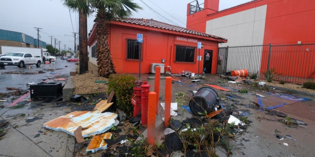 Debris is seen after a possible tornado which damaged several buildings Wednesday, March 22, 2023, in Montebello, California.