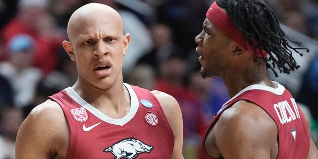 Jordan Walsh of Arkansas reacts to his 3-pointer in the second half of a second round game of the NCAA tournament Saturday March 18, 2023 in Des Moines, Iowa.