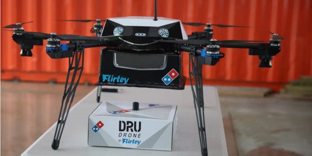 Flirtey drone with Domino's delivery. 