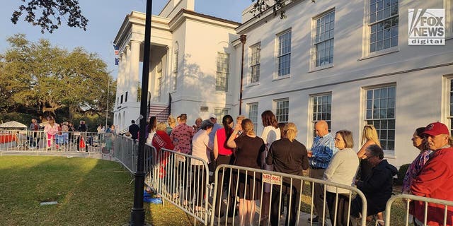 Spectators line up outside of the Colleton County Courthouse in Walterboro, South Carolina on Thursday, March 2, 2023. People are lining up in the early hours of the morning in the hopes of getting a seat inside the gallery to see the double murder trial of Alex Murdaugh.