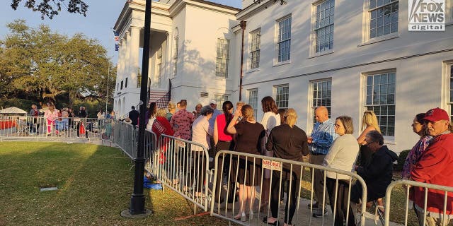 Spectators line up outside of the Colleton County Courthouse in Walterboro, South Carolina on Thursday, March 2, 2023. People are lining up in the early hours of the morning in the hopes of getting a seat inside the gallery to see the double murder trial of Alex Murdaugh.