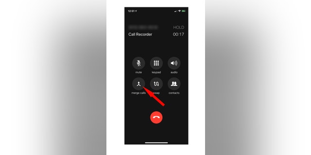 After connecting, tap to “Merge Calls”.