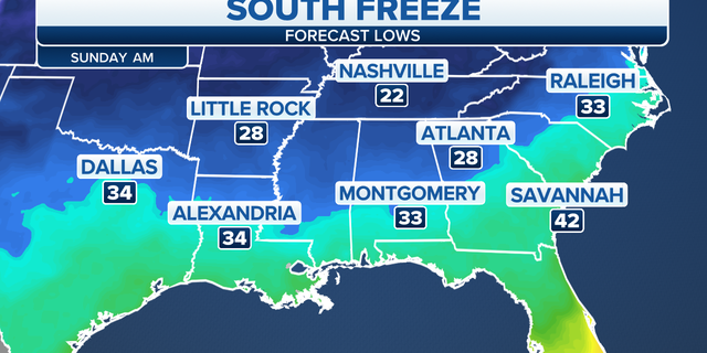 Forecast low temperatures in the southern U.S. 