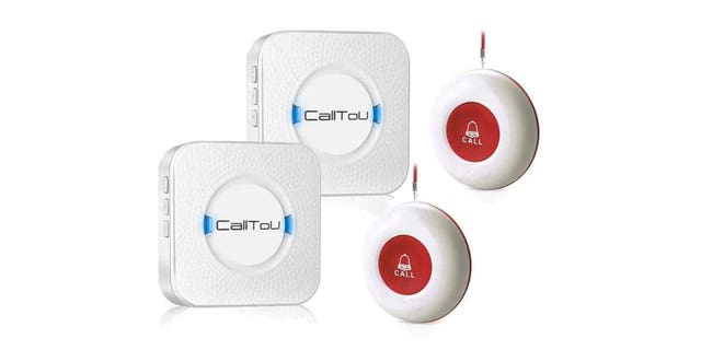 A necklace call button can be used as a wireless pager for family members in need.