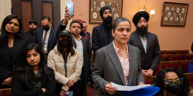 California state Sen. Aisha Wahab listens at a news conference where she proposed SB 403, a bill which would add caste as a protected category in the state’s anti-discrimination laws in Sacramento on March 22, 2023. 