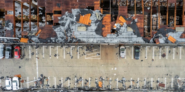 Damage to a building is seen on Wednesday, March 22, 2023, in Montebello, California, after a possible tornado.