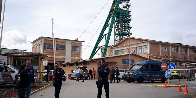 Catalan police cordon off the area at the entrance of the Cabanasses de Súria mine in Spain, on March 9, 2023. Three workers died after becoming trapped deep underground.