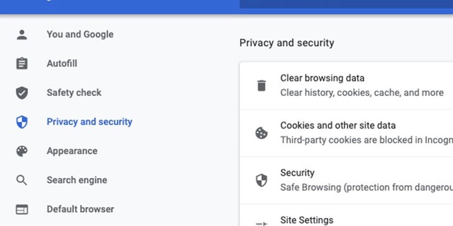 Layout of the Privacy and Security tab under Settings on Google Chrome. 
