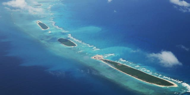 An aerial view of Qilianyu islands in the Paracel chain, which China considers part of Hainan province on August 10, 2018.