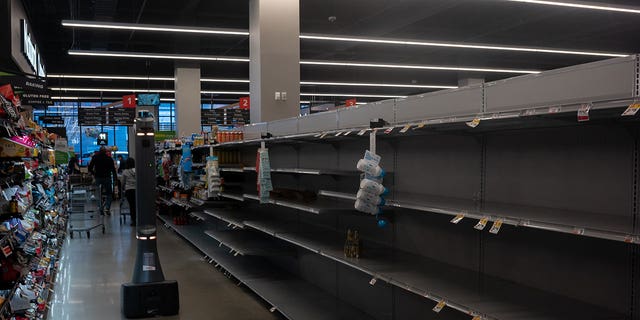 Sold out water section in Giant Supermarket in the Fairmount neighborhood of Philadelphia March 26, 2023.