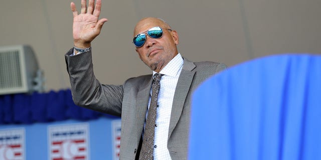 Hall of Famer Reggie Jackson takes the stage during the induction ceremony at the National Baseball Hall of Fame on July 21, 2019, in Cooperstown, New York.