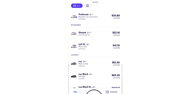 Here are the ride options that may be available to you on Lyft.