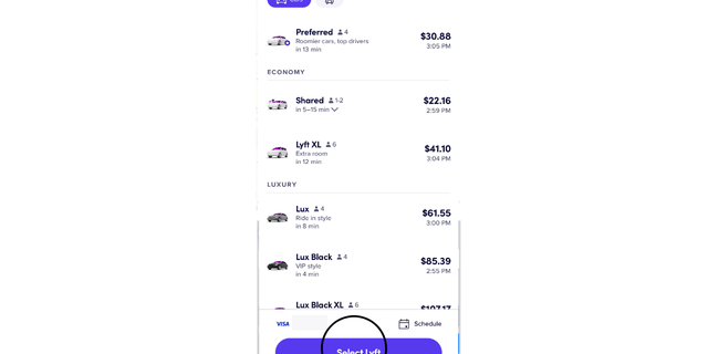 Here are the ride options that may be available to you on Lyft.