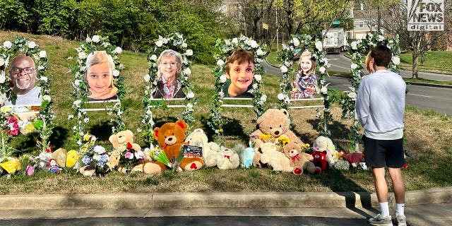 Memorials for the six victims who were killed in a mass shooting are placed outside of The Covenant School