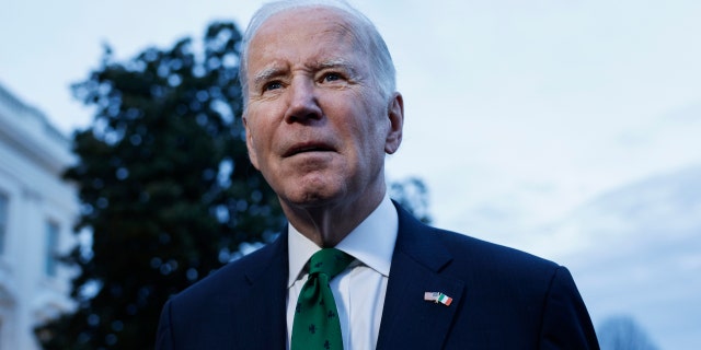 President Biden speaks with reporters before departing from the South Lawn of the White House on Marine One March 17, 2023, in Washington, D.C.