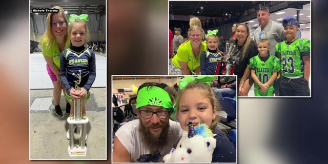 Kolase foto Peyton Thorsby di kompetisi bersorak.