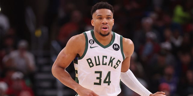 Giannis Antetokounmpo of the Milwaukee Bucks in action against the Chicago Bulls during the first half at United Center Feb. 16, 2023, in Chicago. 