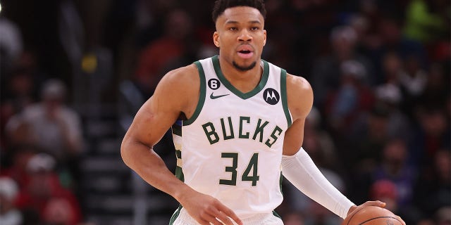 Giannis Antetokounmpo of the Milwaukee Bucks in action against the Chicago Bulls during the first half at United Center Feb. 16, 2023, in Chicago. 