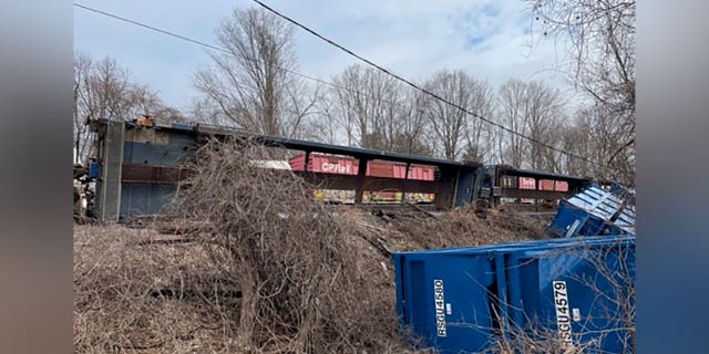 Cars from a freight train derailed in Ayer, Massachusetts on Thursday.