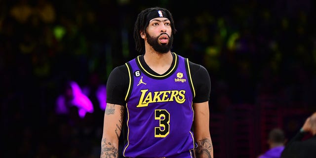 Anthony Davis of the Los Angeles Lakers during a game against the Dallas Mavericks on March 17, 2023, at Crypto.Com Arena in Los Angeles.
