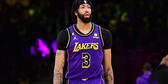 Anthony Davis of the Los Angeles Lakers during a game against the Dallas Mavericks March 17, 2023, at Crypto.Com Arena in Los Angeles.