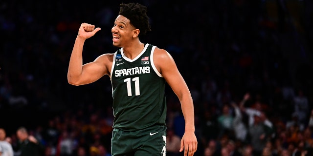 A.J. Hoggard #11 of the Michigan State Spartans reacts during the first half of the game against the Kansas State Wildcats during the Sweet Sixteen round of the 2023 NCAA Men's Basketball Tournament held at Madison Square Garden on March 23, 2023 in New York City.