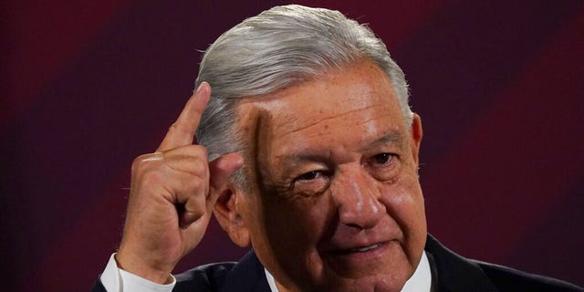 Mexican President Andres Manuel Lopez Obrador gives his regularly scheduled morning press conference at the National Palace in Mexico City on Feb. 28, 2023.