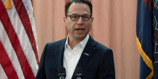 Democratic Gov. Josh Shapiro speaks during a news conference in Philadelphia, Pennsylvania, on Feb. 16, 2023. Shapiro's group designed to fight climate change met for the first time on April 11, 2023.