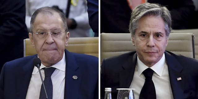 This combination of photos shows Secretary of State Antony Blinken, right, and Russian Foreign Minister Sergey Lavrov, left, respectively, attending the G-20 foreign ministers meeting in New Delhi on Thursday, March 2, 2023.