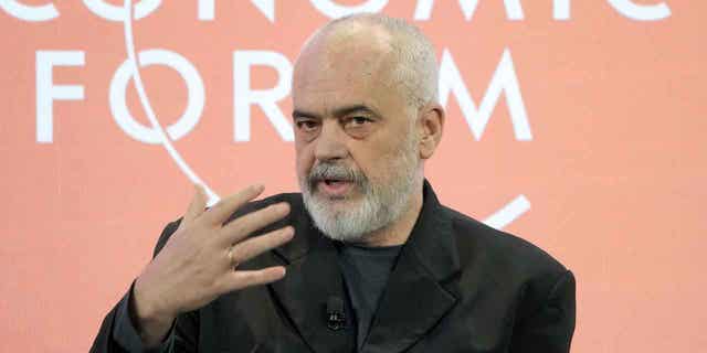 Prime Minister of Albania Edi Rama speaks in Davos, Switzerland, on Jan. 19, 2023. Rama denied that he had bribed or given preferential treatment to a former high-ranking FBI official.