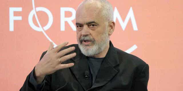 Prime Minister of Albania Edi Rama speaks in Davos, Switzerland, on Jan. 19, 2023. Rama denied that he had bribed or given preferential treatment to a former high-ranking FBI official.