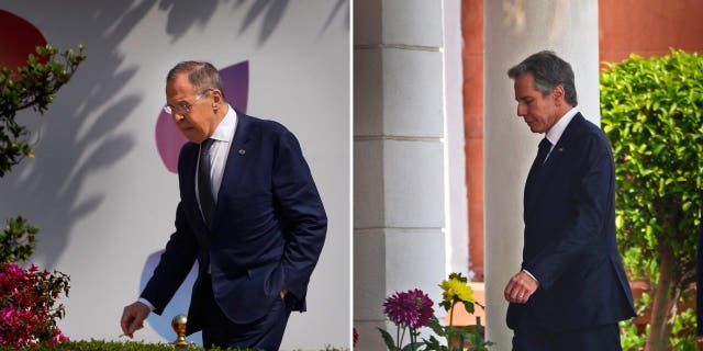 This combination of photos shows U.S. Secretary of State Antony Blinken, right, and Russian Foreign Minister Sergey Lavrov, left, walk to attend second session of the G20 foreign ministers' meeting, respectively, in New Delhi Thursday, March 2, 2023.