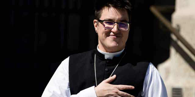 Bishop Megan Rohrer speaks to the press at Grace Cathedral in San Francisco, on Sept. 11, 2021. Rohrer filed a lawsuit on March 1, 2023, alleging gender discrimination and a hostile work environment.