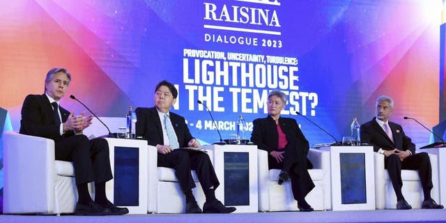 From left to right, Secretary of State Antony Blinken, Japanese Foreign Minister Yoshimasa Hayashi, Australian Foreign Minister Penny Wong and Indian Foreign Minister Subrahmanyam Jaishankar attend a quadruple panel of ministers at the Taj Palace Hotel in New Delhi on Friday March 3, 2023. 