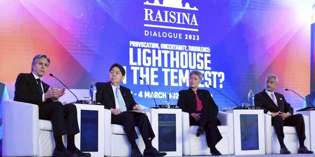 From left to right, Secretary of State Antony Blinken, Japanese Foreign Minister Yoshimasa Hayashi, Australian Foreign Minister Penny Wong and Indian Foreign Minister Subrahmanyam Jaishankar attend a quadruple panel of ministers at the Taj Palace Hotel in New Delhi on Friday March 3, 2023. 