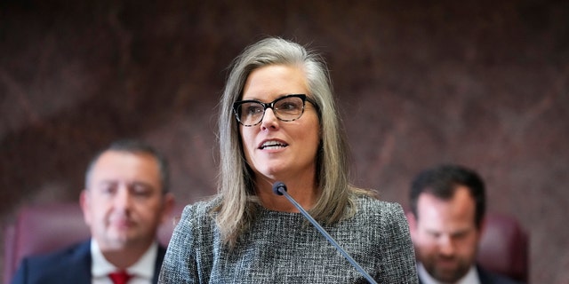 Arizona Governor Katie Hobbs delivers a state address at the Arizona State Capitol on January 9, 2023 in Phoenix, Arizona.