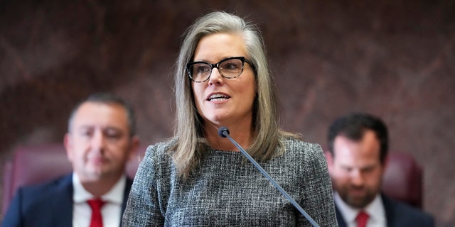 Arizona Gov. Katie Hobbs delivers her State of the State address at the Arizona Capitol in Phoenix, Jan. 9, 2023. 