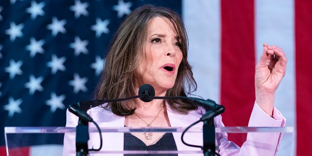 Self-help author Marianne Williamson speaks to the crowd as she launches her 2024 presidential campaign in Washington, Saturday, March 4, 2023.