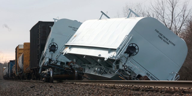 A Norfolk Southern cargo train car derailed by Springfield, Ohio, March 4, 2023. 