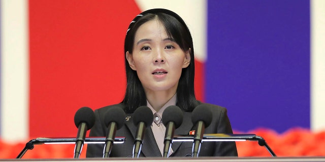 This photo provided by the North Korean government, Kim Yo Jong, sister of North Korean leader Kim Jong Un, delivers a speech during a national meeting against the coronavirus, in Pyongyang, North Korea, Aug. 10, 2022. Kim threatened "quick, overwhelming action" in response to a joint military exercise between the U.S. and South Korea on Tuesday.