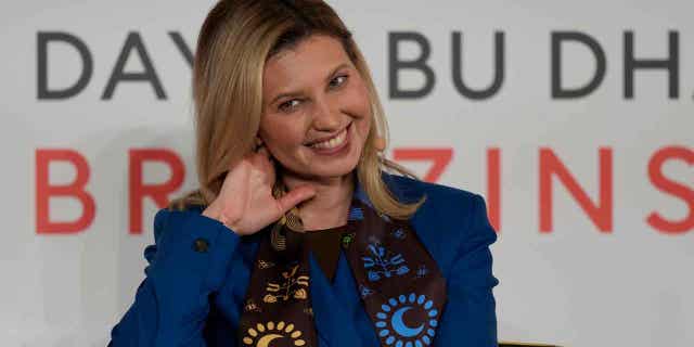 Olena Zelenska, the first lady of Ukraine, speaks during International Women's Day in Abu Dhabi, United Arab Emirates, on March 8, 2023.